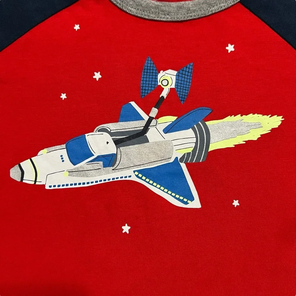 Mini Boden 2-3Y Red & Navy Rocket Ship Space Raglan Tee Shirt